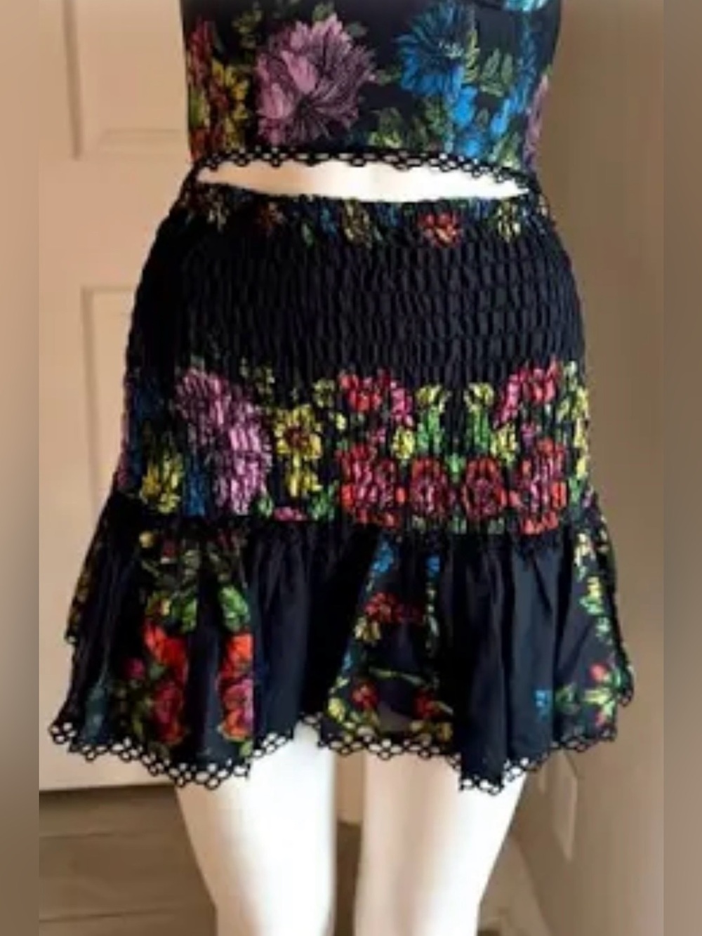 Charo Ruiz Yano Floral Smocked Black Mini Skirt